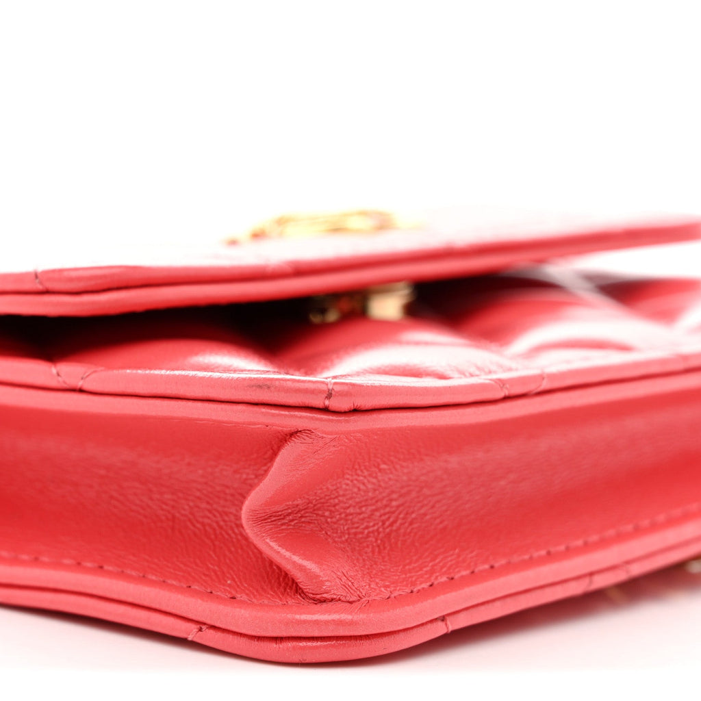 Chanel Shiny Lambskin Quilted Card Holder On Chain Pink