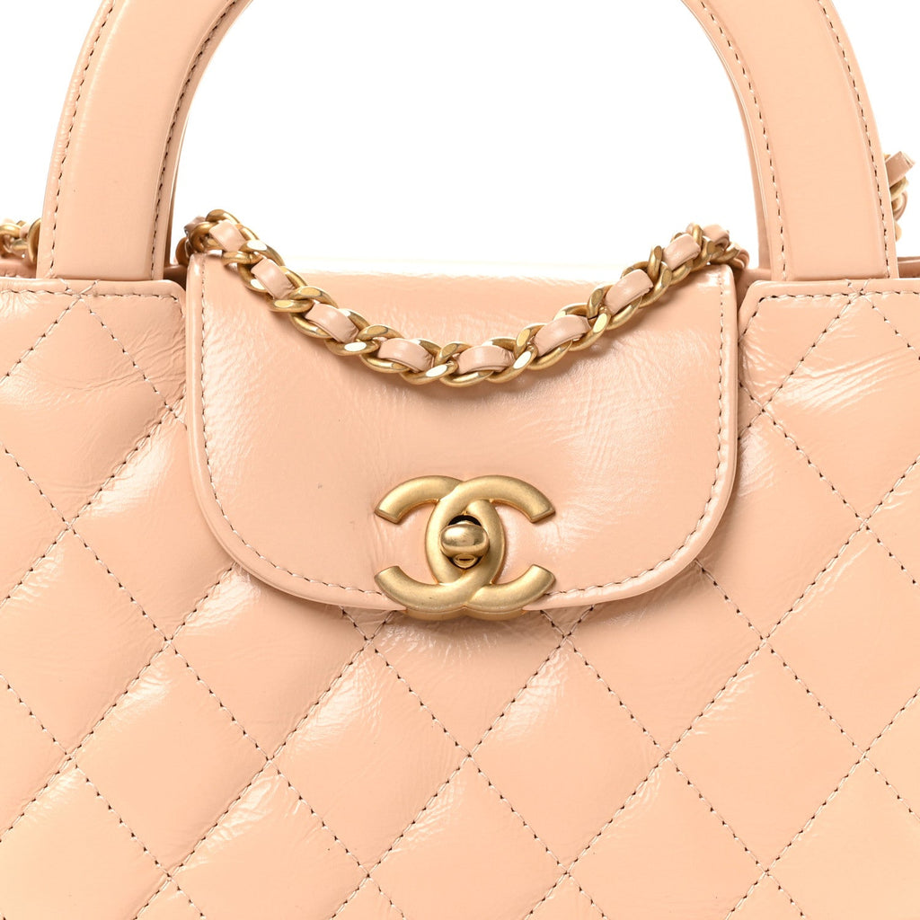 Chanel Shiny Aged Calfskin Quilted Nano Kelly Shopper Beige