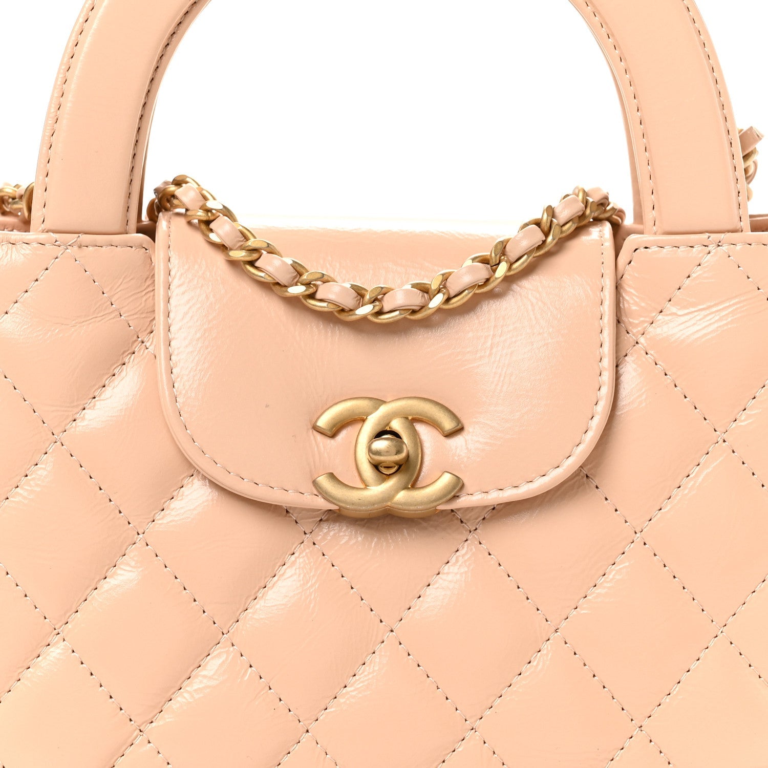 Chanel Shiny Aged Calfskin Quilted Nano Kelly Shopper Beige