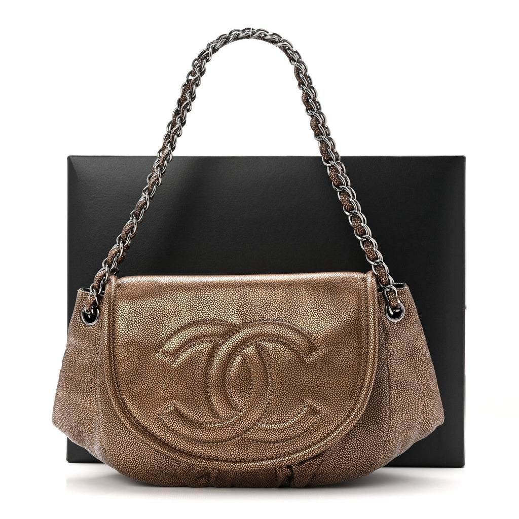 Chanel Metallic Caviar Half Moon Large Flap Bronze
