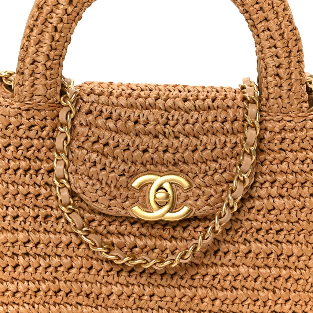 Chanel Braided Raffia Nano Kelly Flap Bag Dark Beige