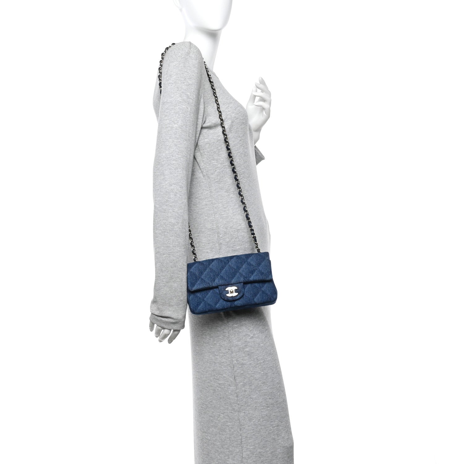 Chanel Printed Denim Quilted Mini Rectangular Flap Dark Blue