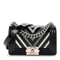 Chanel Patent Glitter PVC Chevron Quilted Small Boy Flap Black Silver