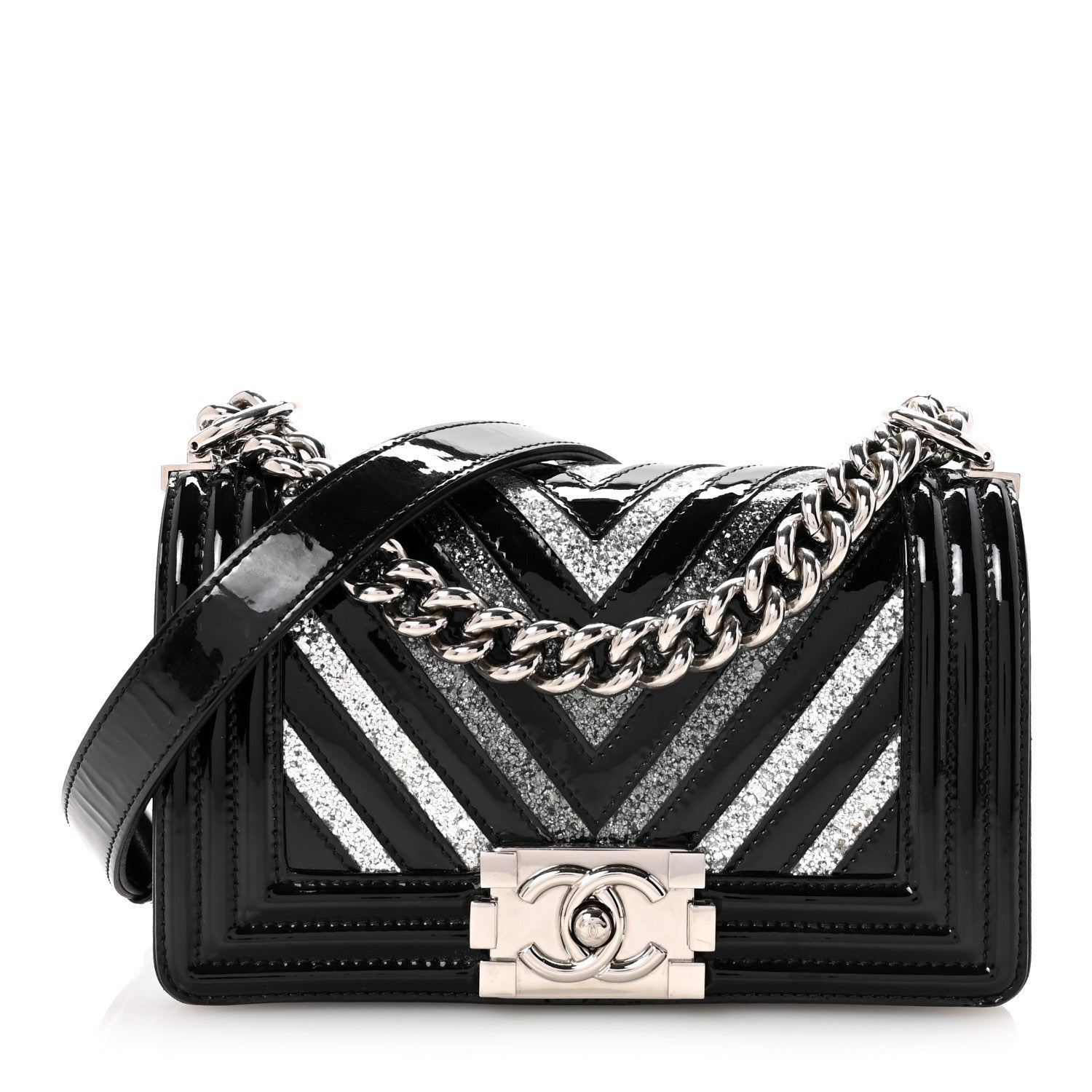 Chanel Patent Glitter PVC Chevron Quilted Small Boy Flap Black Silver
