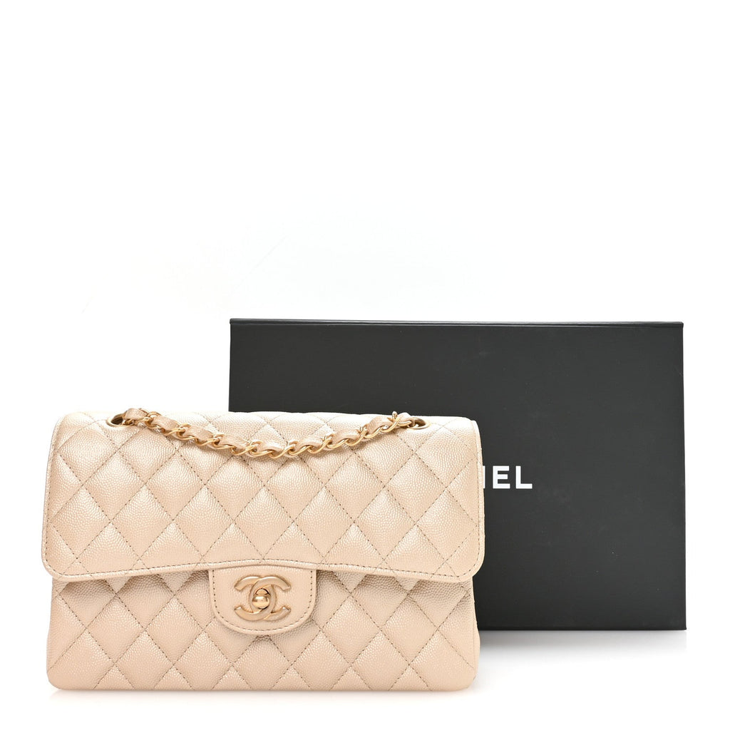 Chanel Metallic Caviar Quilted Small Double Flap Beige