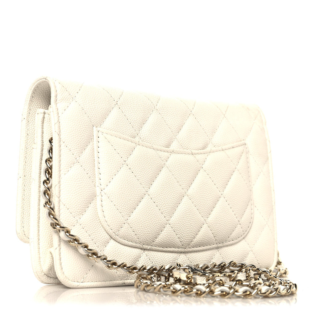 Chanel Shiny Caviar Quilted Flap Charm Wallet On Chain WOC White