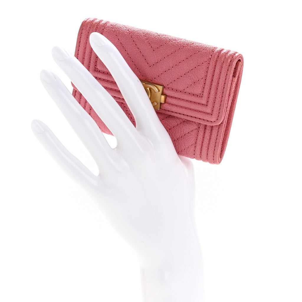 Caviar Chevron Quilted Boy Flap Card Holder Wallet Pink