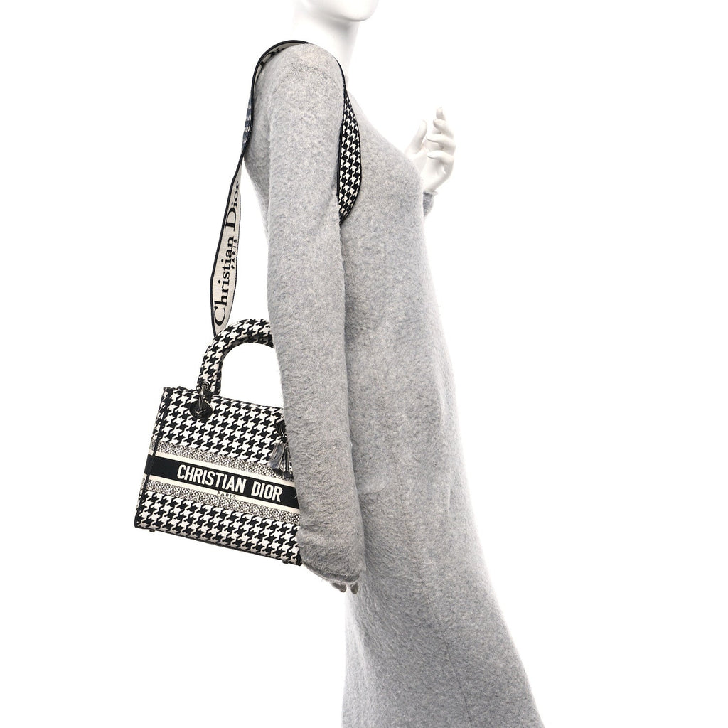 Christian Dior Canvas Houndstooth Embroidered Medium Lady D-Lite Black White