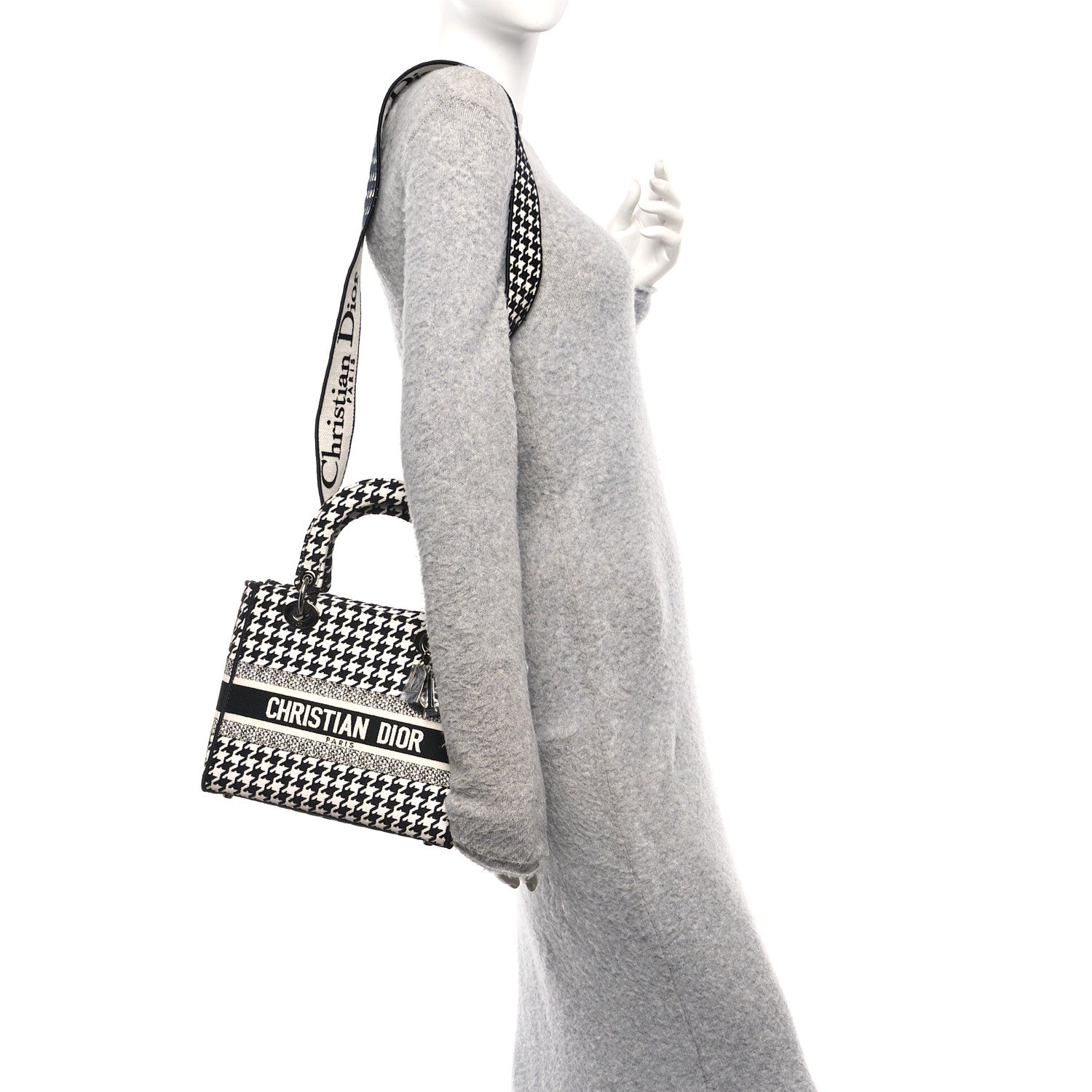 Christian Dior Canvas Houndstooth Embroidered Medium Lady D-Lite Black White
