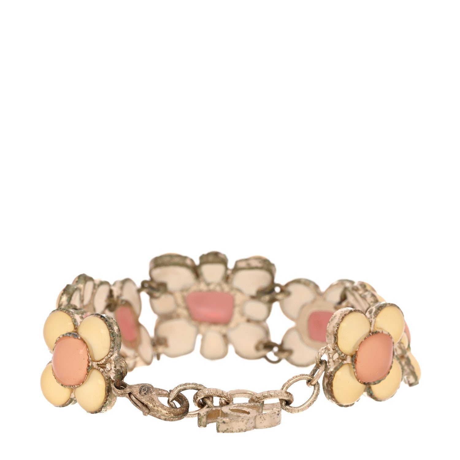Resin Gripoix Poured Glass CC Flower Bracelet Pink White Gold