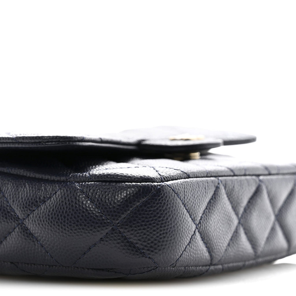 Caviar Quilted Flap Phone Holder With Chain Navy