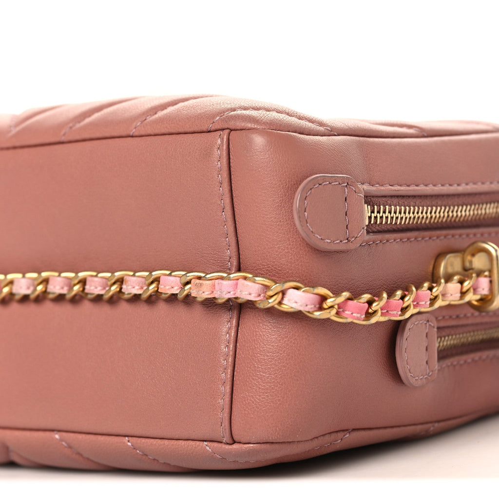 Chanel Lambskin Chevron Quilted Chain Around Camera Case Pink