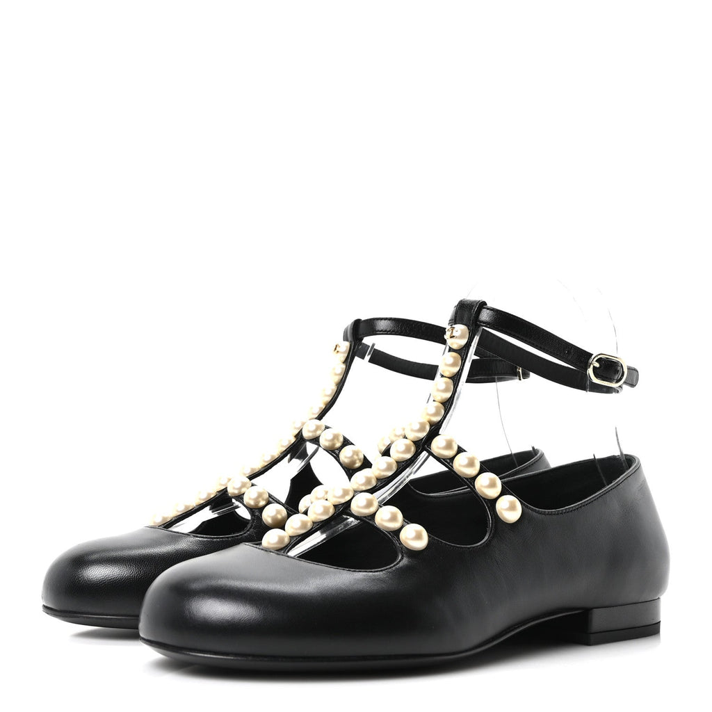 Goatskin Pearl Mary Janes Flats 35 Black