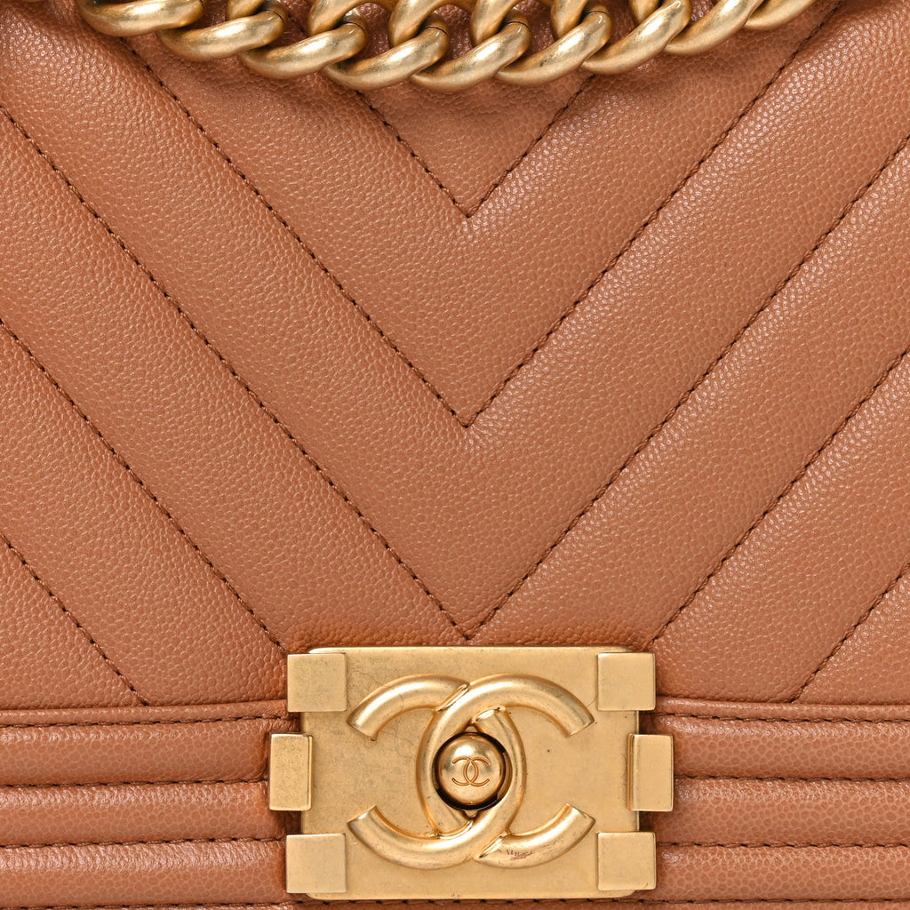 Chanel Caviar Chevron Quilted Medium Boy Flap Brown