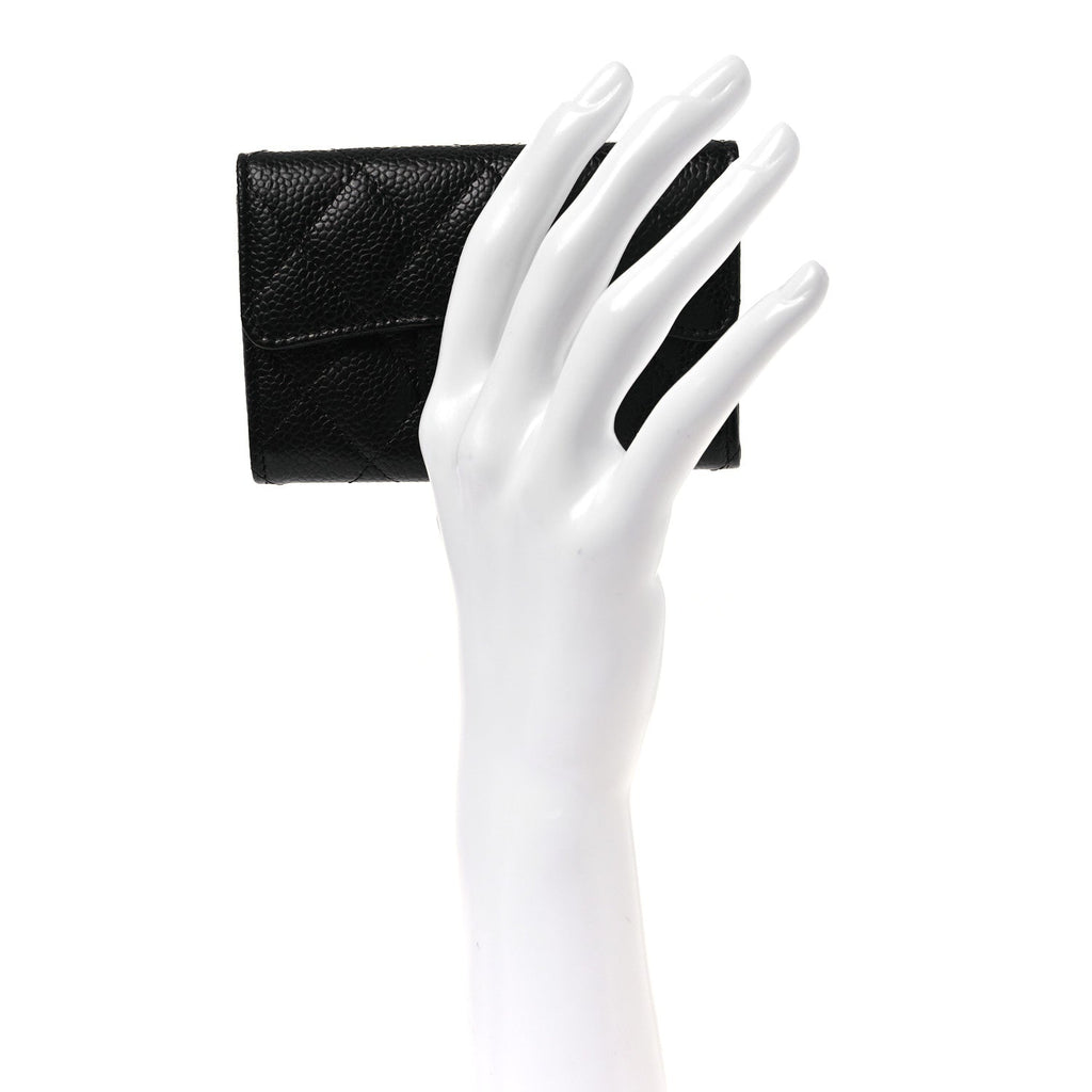 Caviar Quilted Flap Card Holder Wallet Black