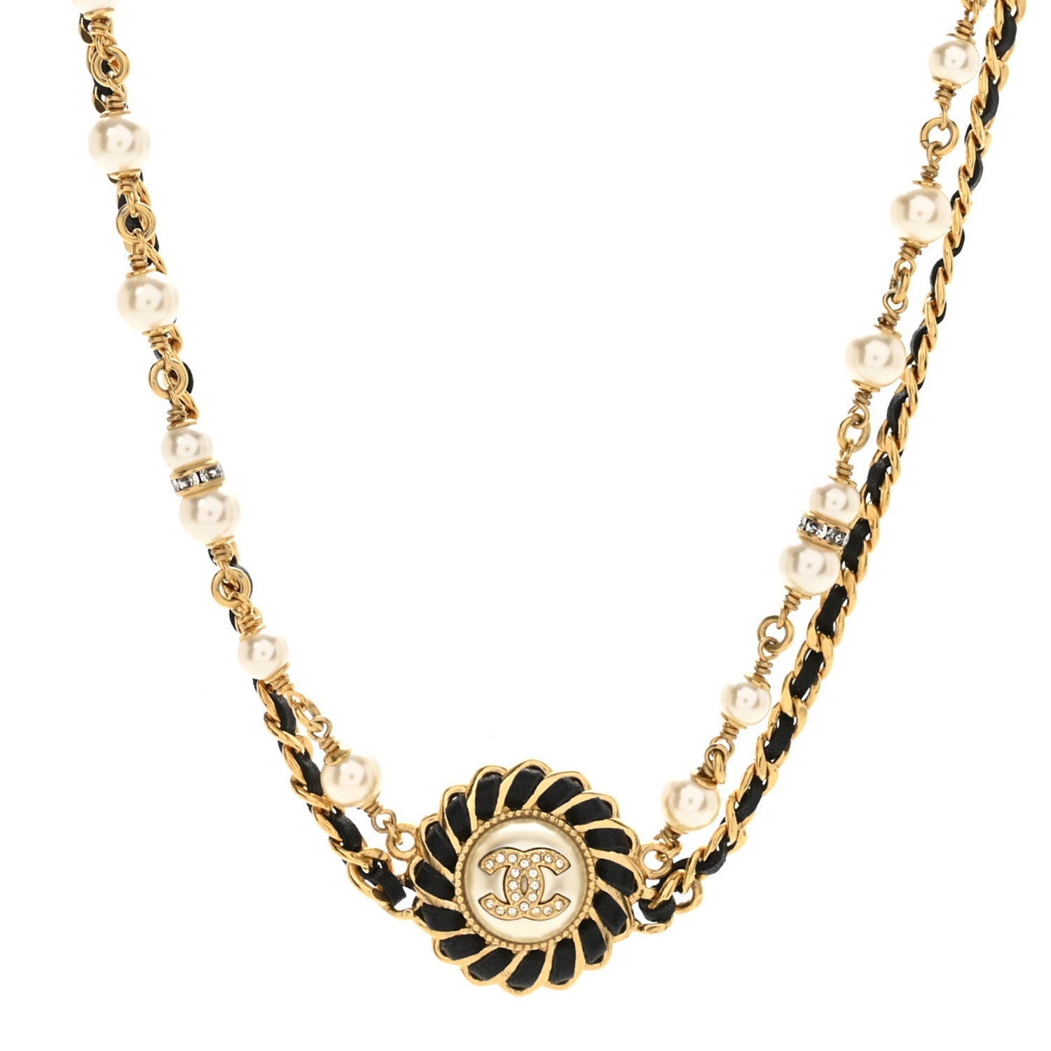 Lambskin Pearl Crystal CC Short Double Strand Necklace Gold White Black
