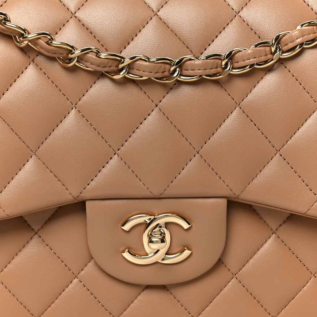 Chanel Lambskin Quilted Jumbo Double Flap Dark Beige