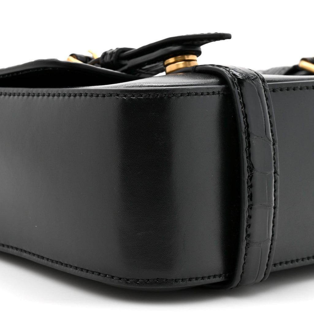 Gucci Calfskin Crocodile GG Double Buckle Medium Messenger Bag Black