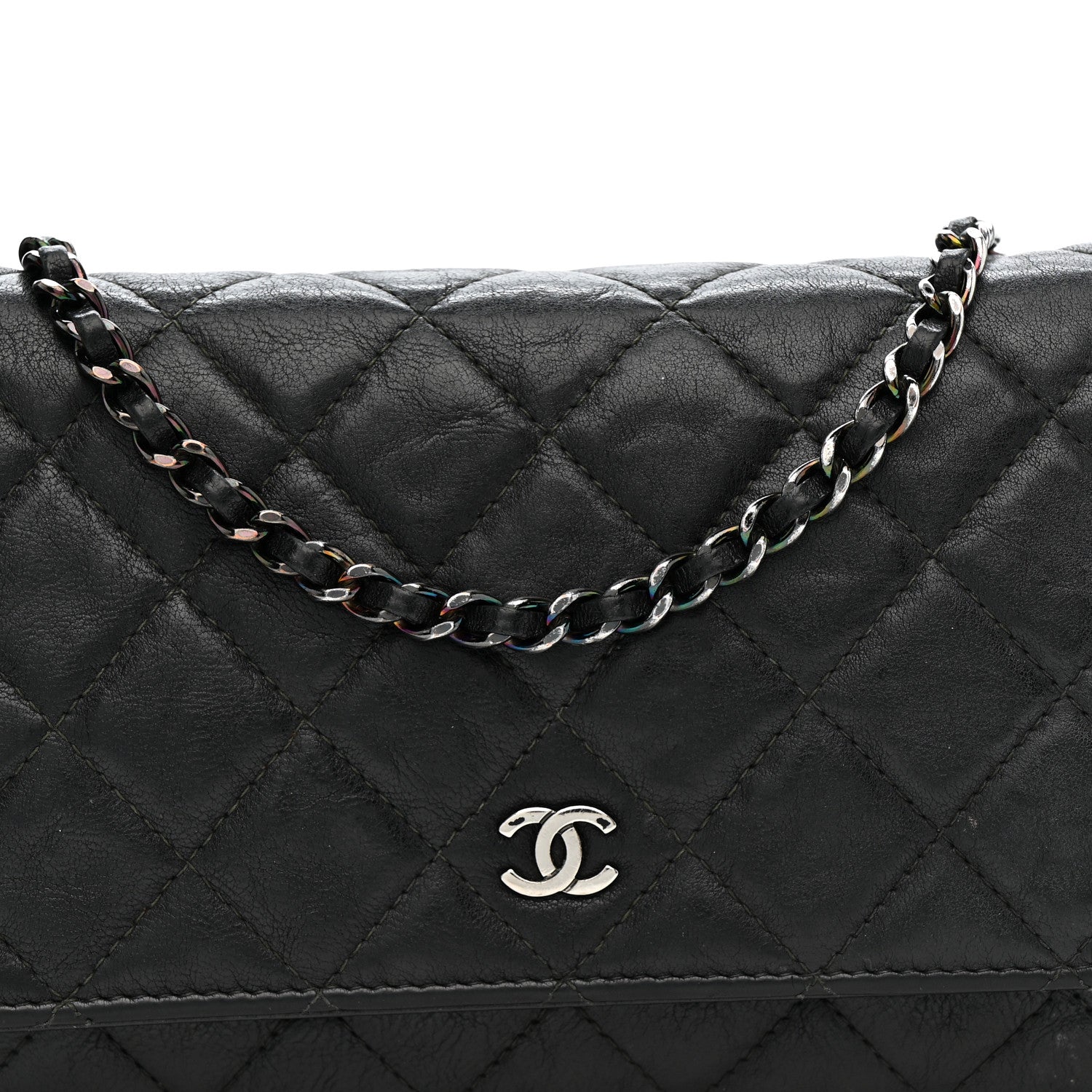 Chanel Crumpled Calfskin Quilted Wallet On Chain WOC So Black