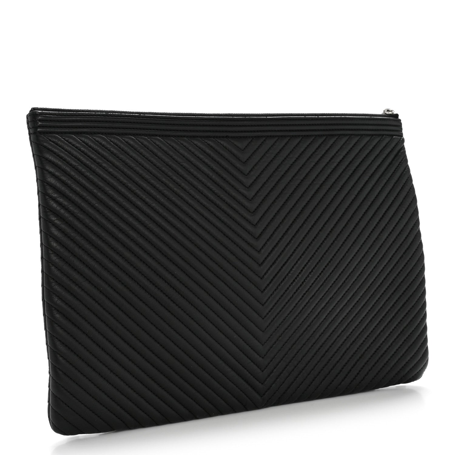 Calfskin Chevron Quilted Large Boy Cosmetic Case Black