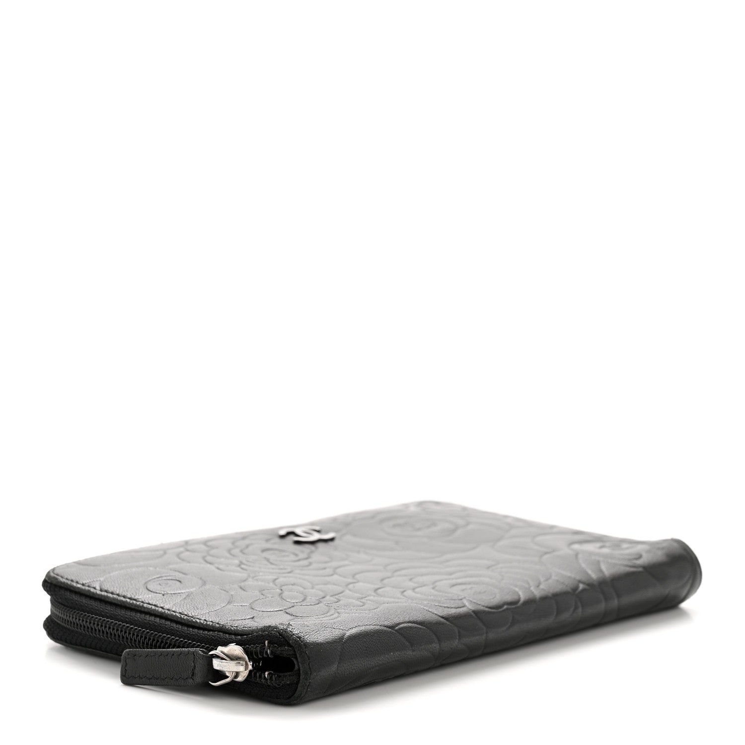 Lambskin Camellia Embossed Zip Around Organizer Wallet Black