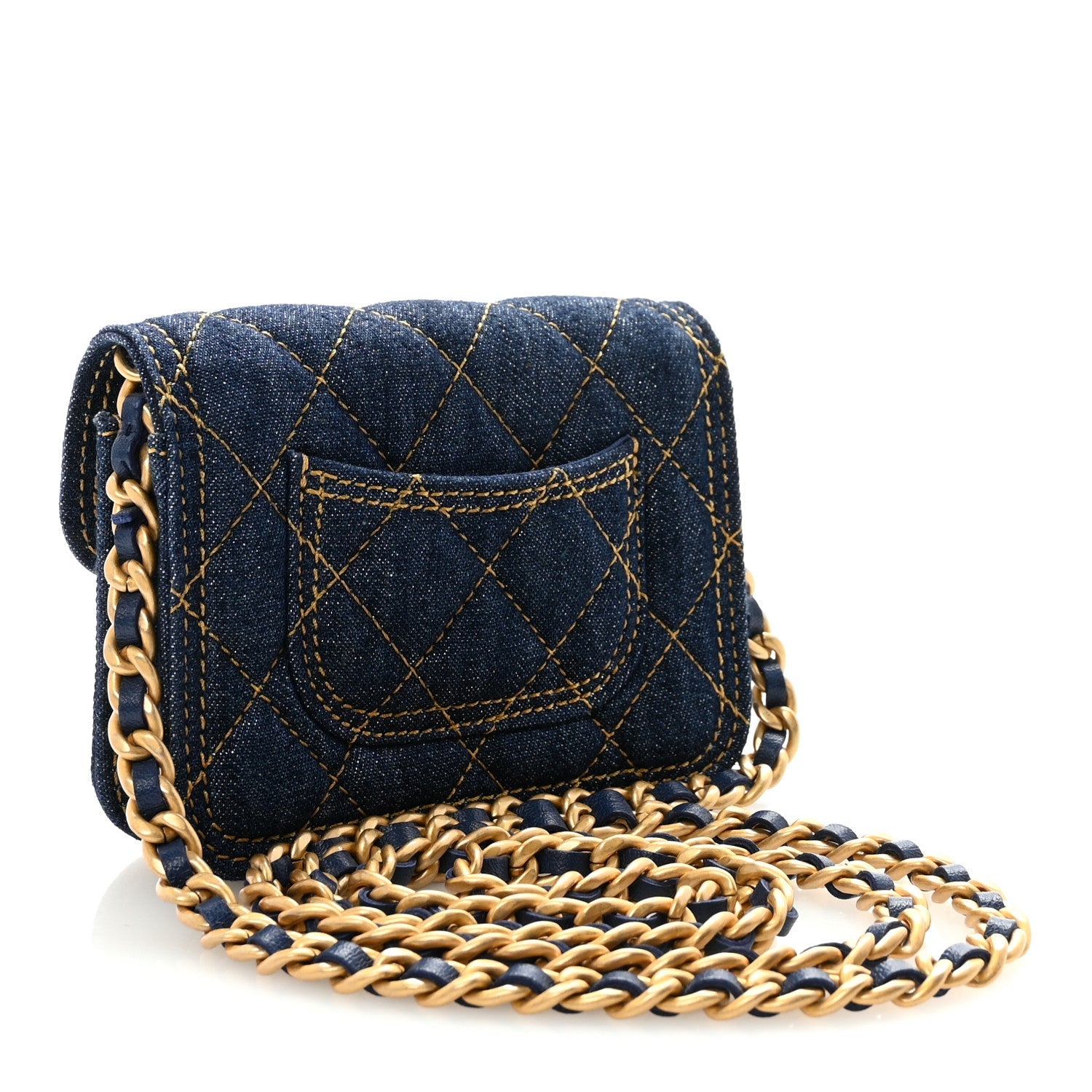 Chanel Denim Quilted Double You Card Holder On Chain Blue