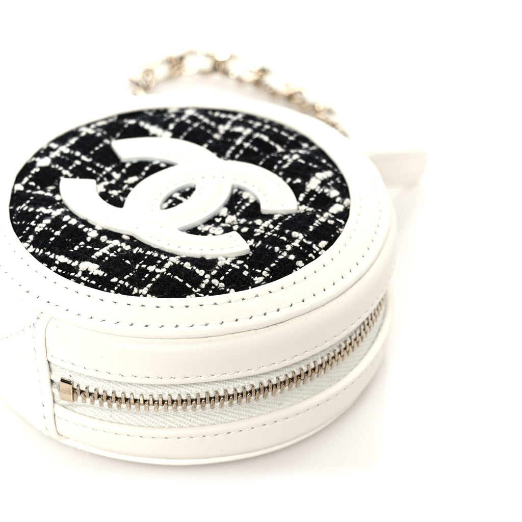 Chanel Tweed Quilted Round Filigree Pouch With Chain White Black