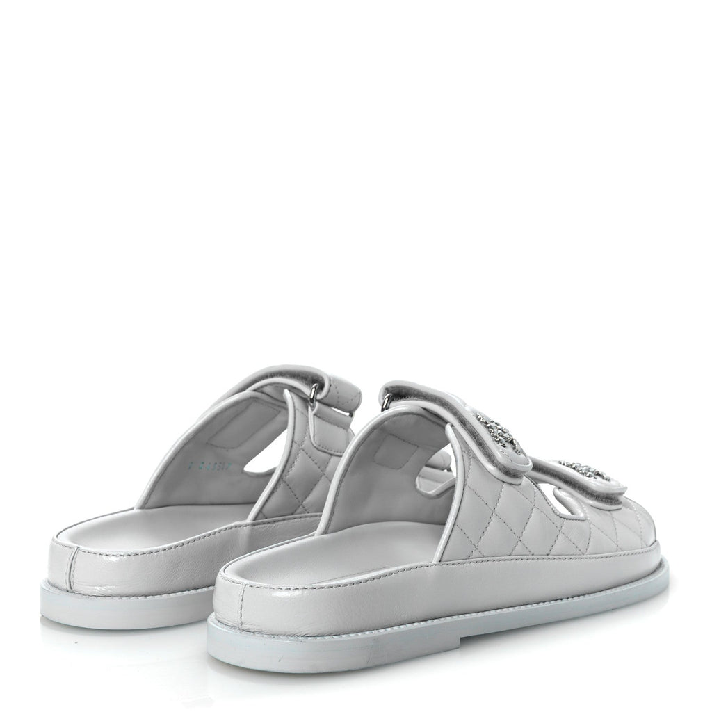 Laminated Lambskin Quilted Velcro Dad Chain CC Slide Sandals 37.5 Light Blue