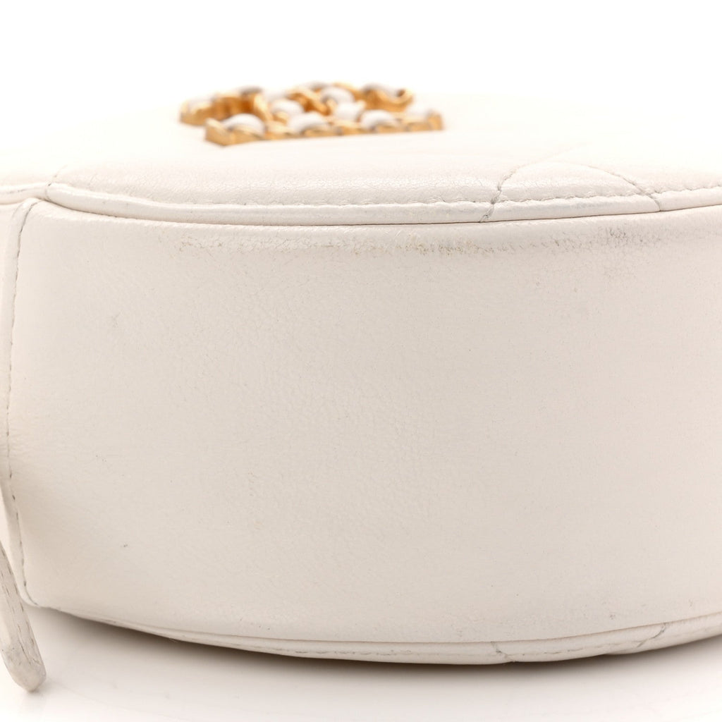Chanel Shiny Goatskin Quilted Chanel 19 Round Clutch With Chain White
