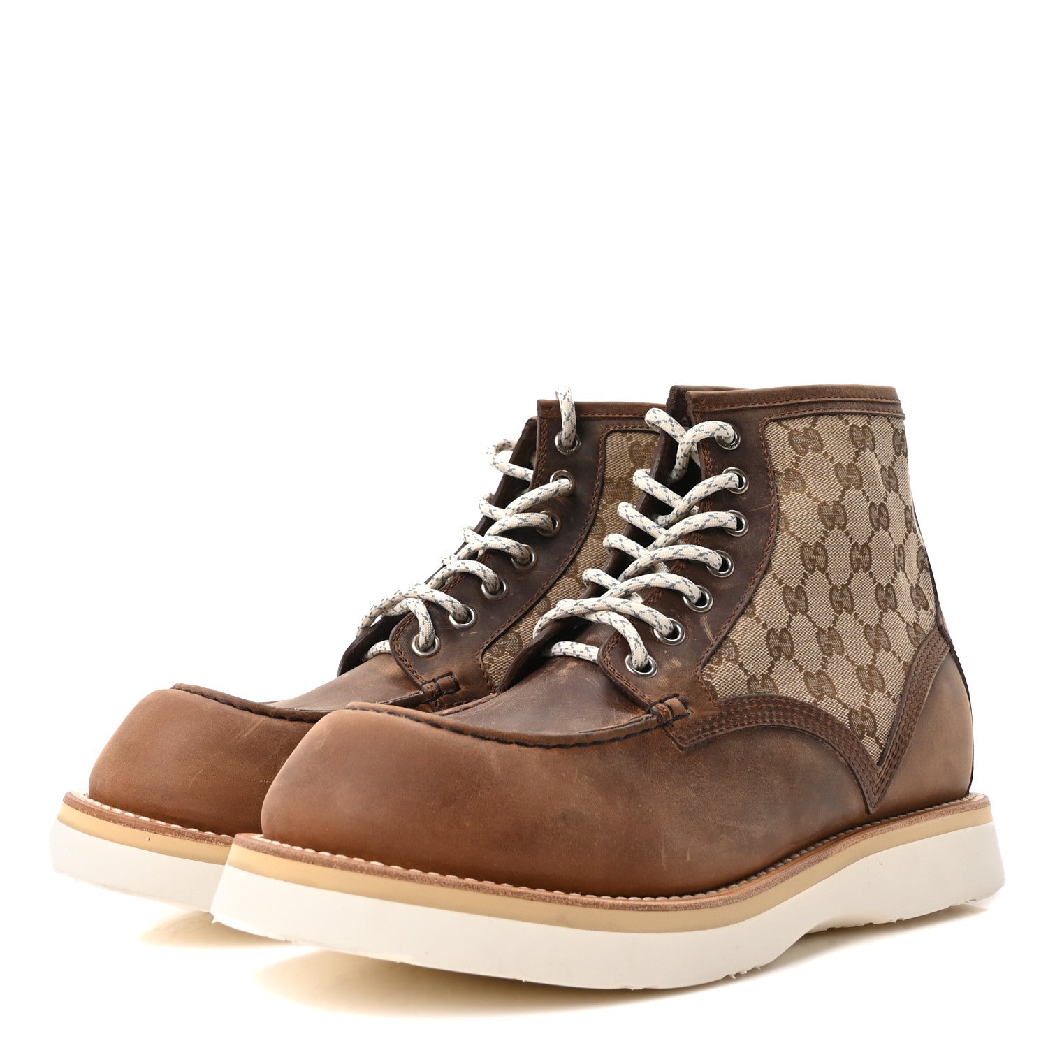 Gucci Garrett Calfskin Monogram Mens Ala Boots 12 Beige Ebony Cuir
