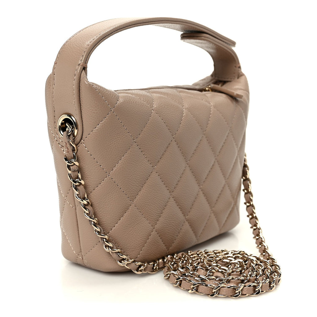 Chanel Caviar Quilted Hobo Clutch With Chain Dark Beige