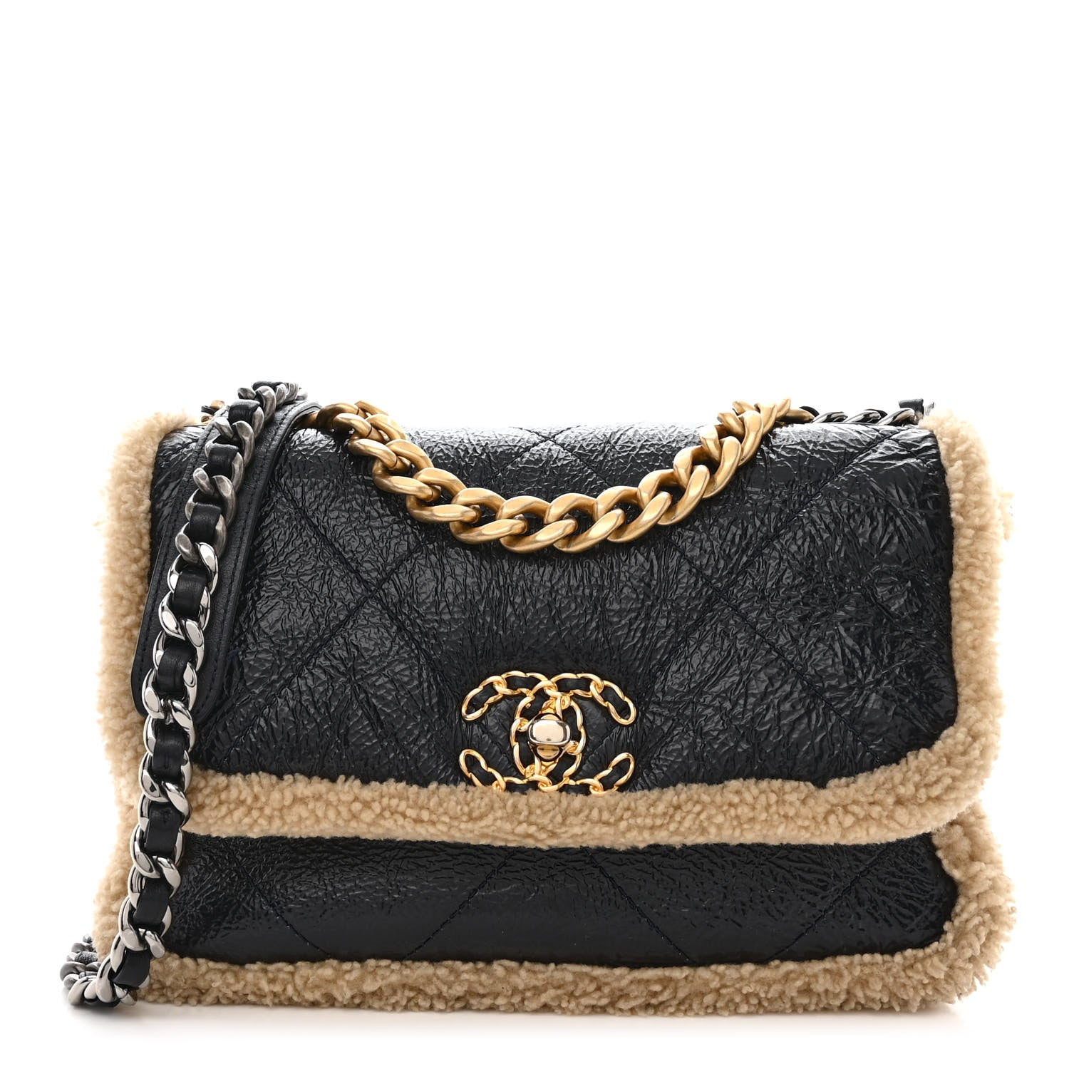 Chanel Crumpled Calfskin Shearling Sheepskin Quilted Medium Chanel 19 Flap Navy