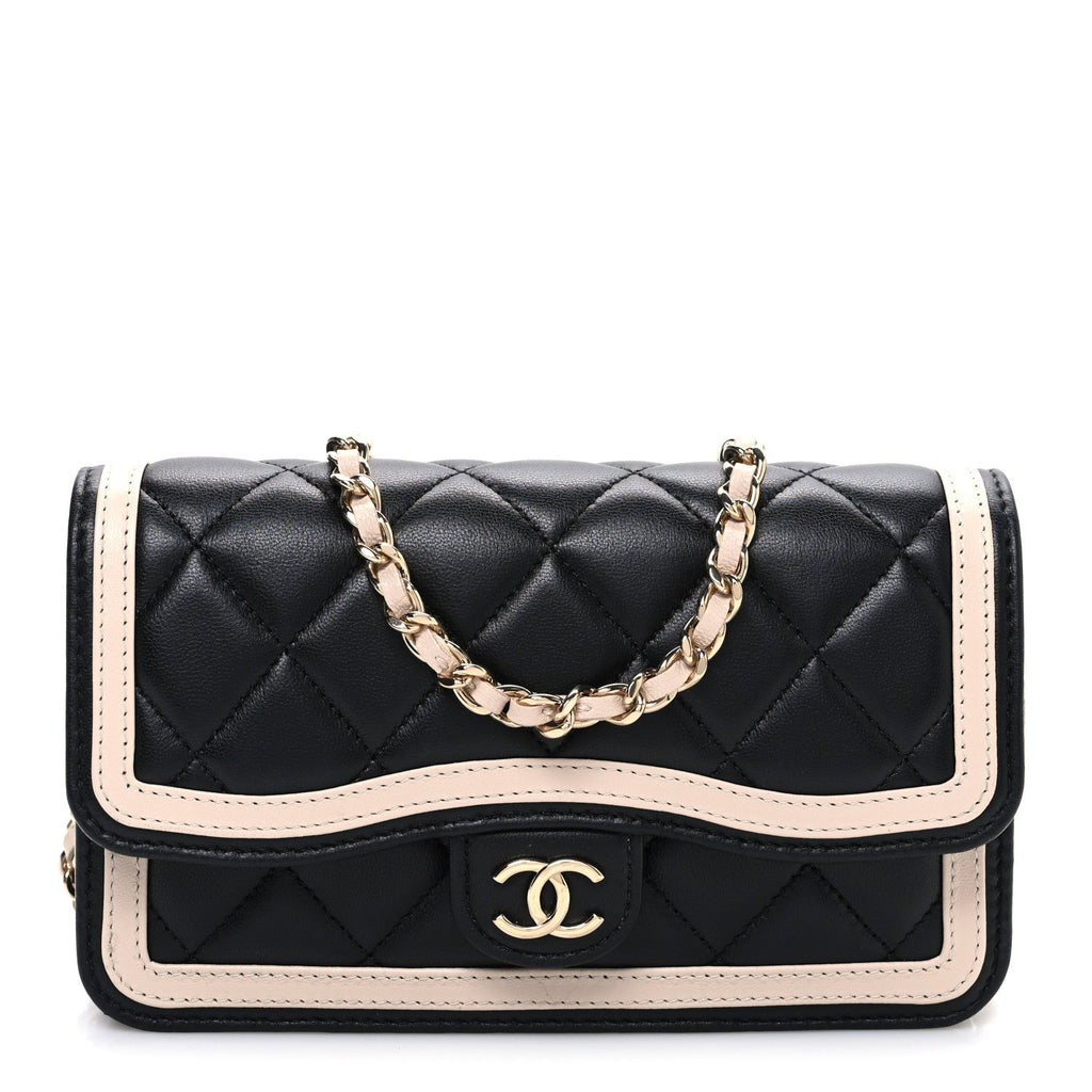 Chanel Lambskin Quilted Phone Holder Wallet With Chain Black Beige