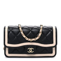 Chanel Lambskin Quilted Phone Holder Wallet With Chain Black Beige