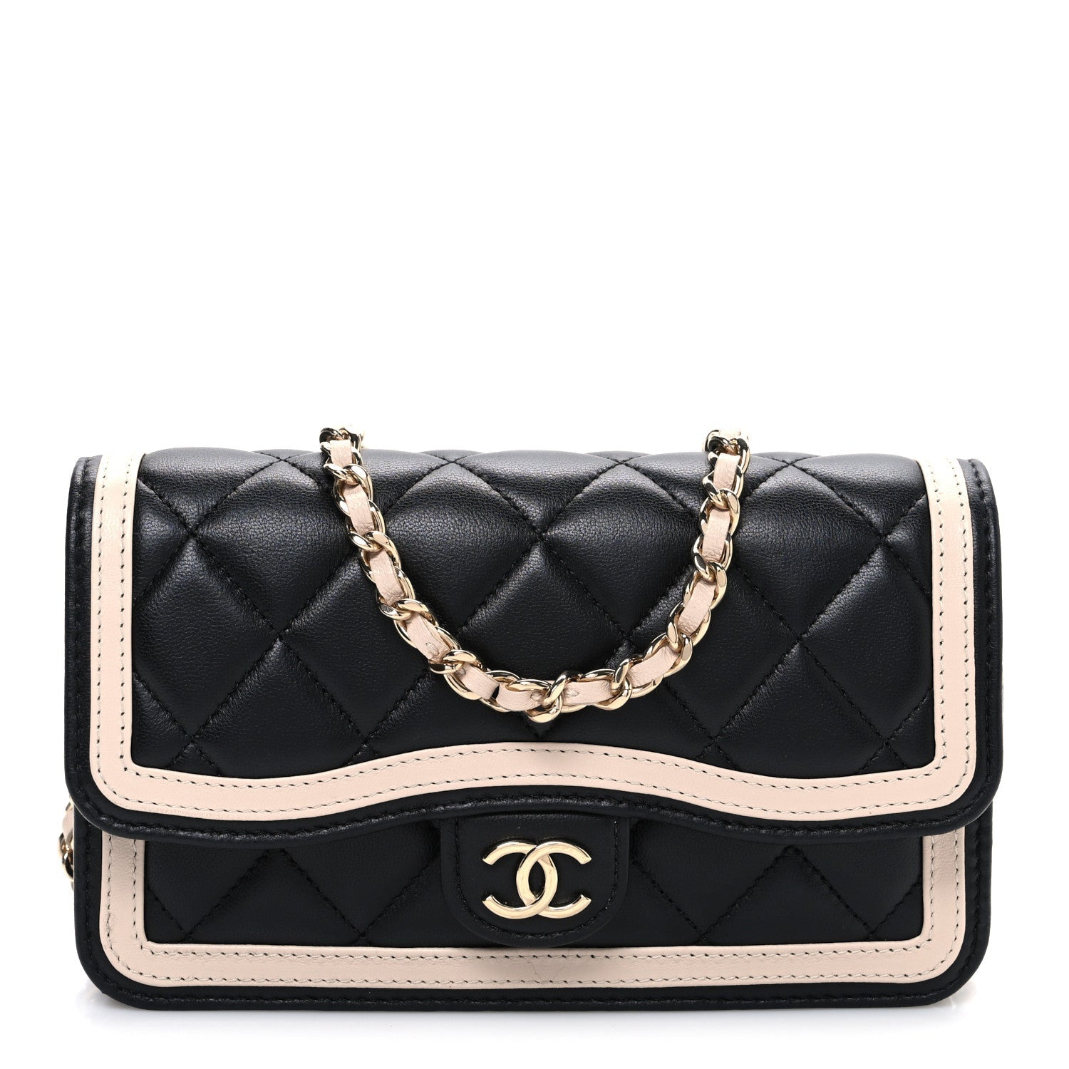Chanel Lambskin Quilted Phone Holder Wallet With Chain Black Beige