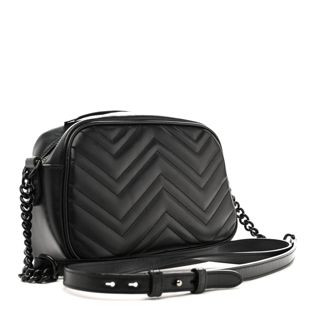 Gucci Calfskin Matelasse Monochrome Small GG Marmont Chain Shoulder Bag Black