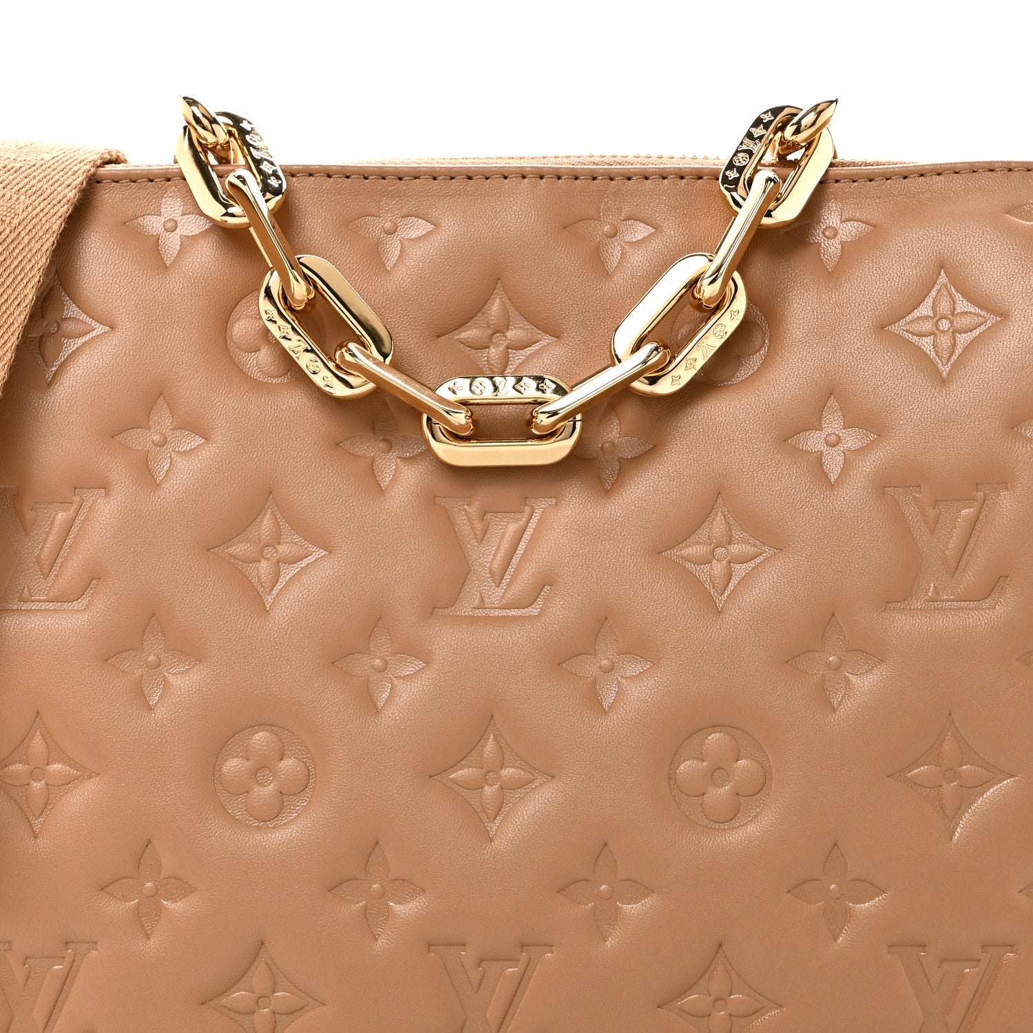 Louis Vuitton Lambskin Embossed Monogram Coussin PM Camel