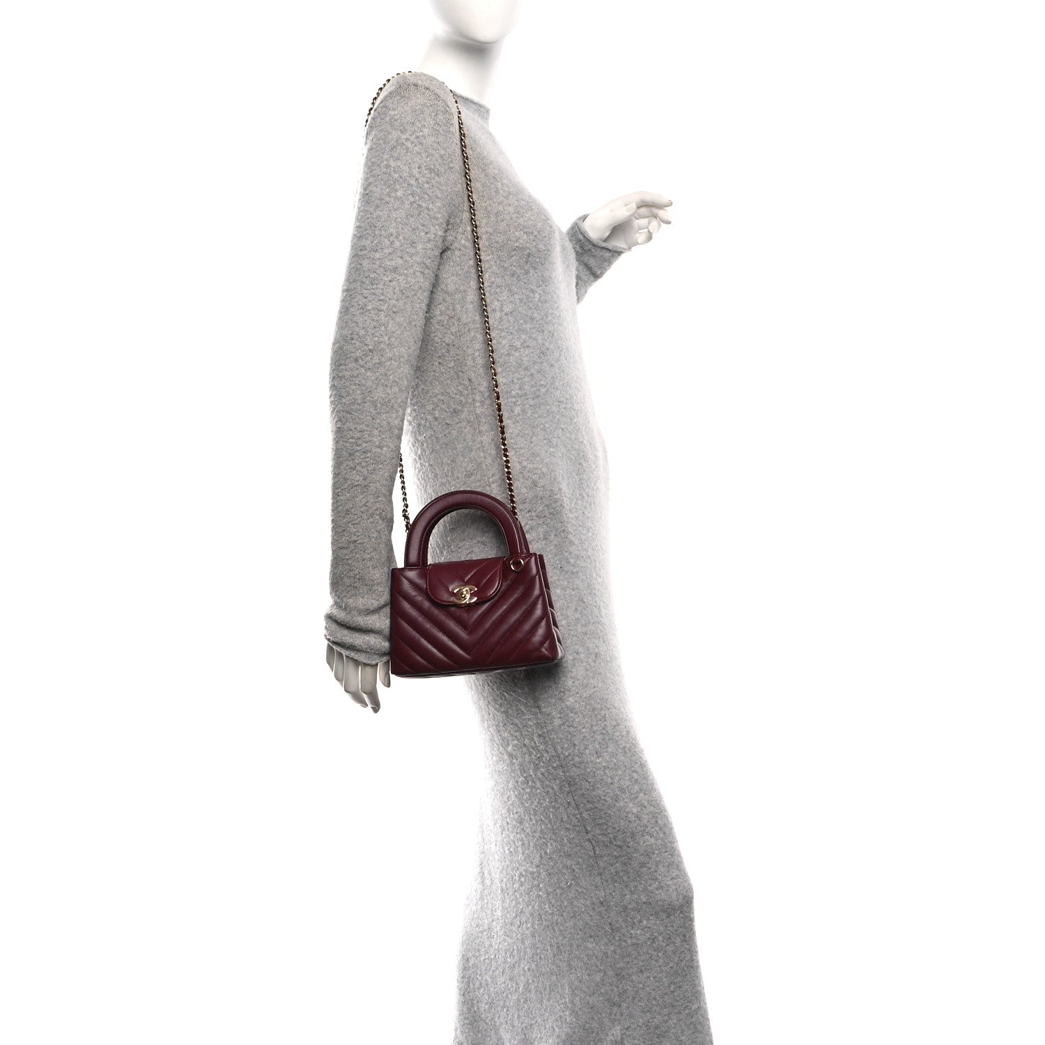 Chanel Shiny Lambskin Chevron Quilted Nano Kelly Shopper Dark Burgundy