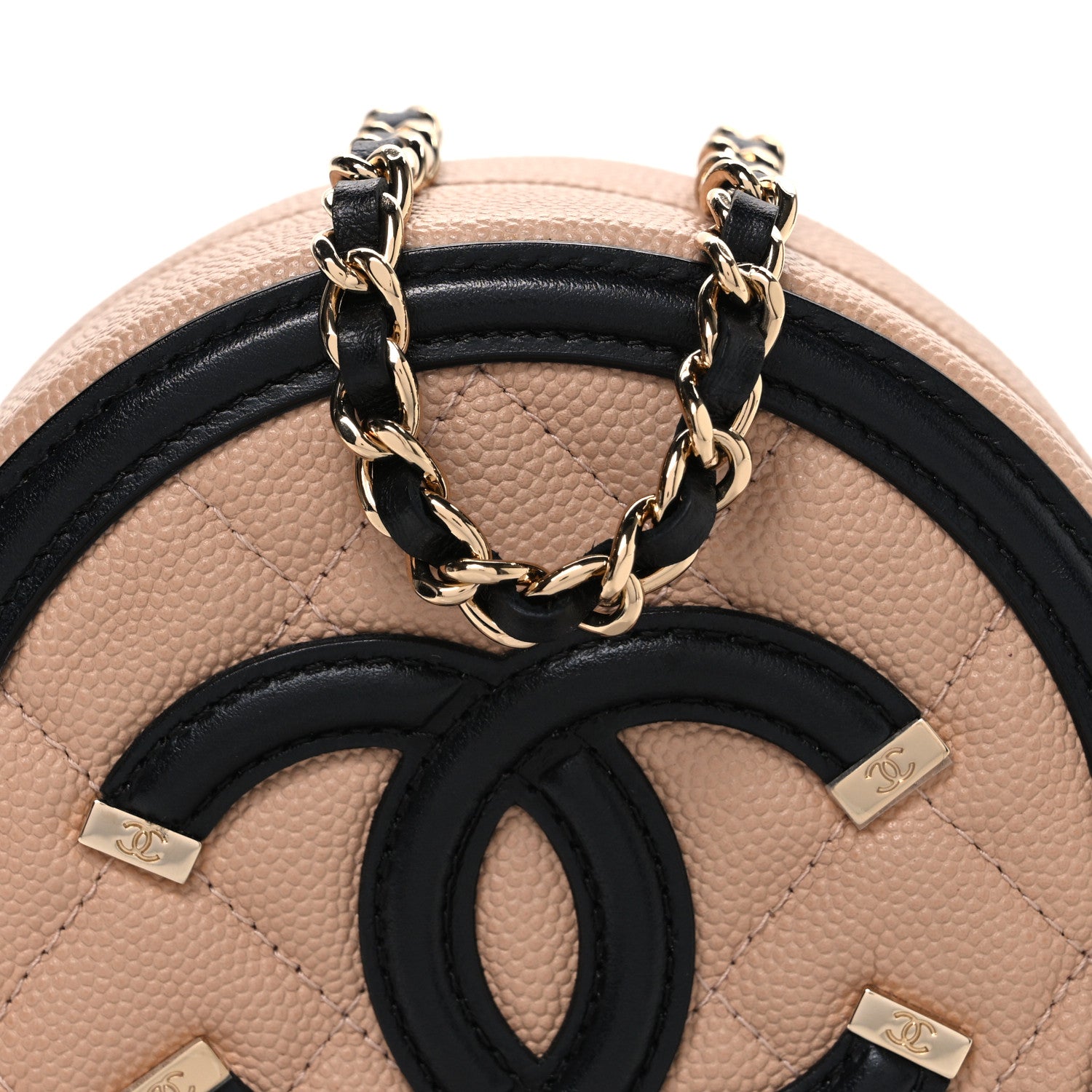 Chanel Caviar Quilted Round Filigree Crossbody Beige Black