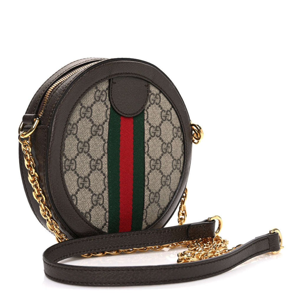 Gucci GG Supreme Monogram Web Mini Ophidia Round Shoulder Bag Brown