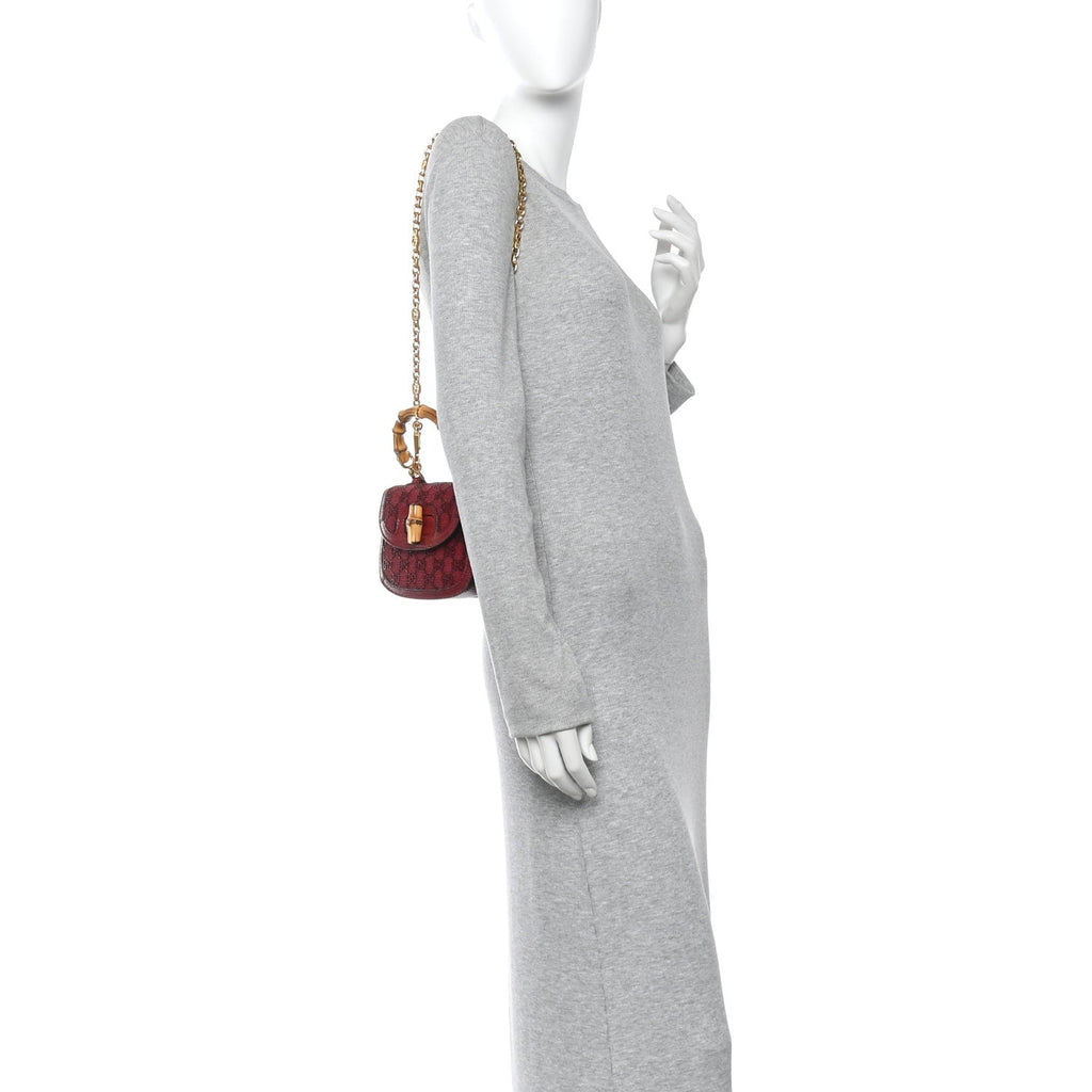 Gucci Moire Fabric Calfskin Rhinestone Monogram Monochrome Lizard Embossed Mini Bamboo 1947 Top Handle Chain Bag Red