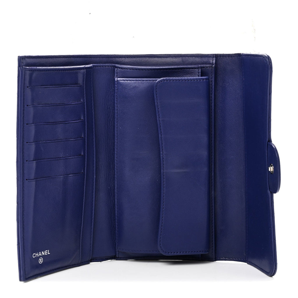 Lambskin Quilted Large Flap Wallet Blue