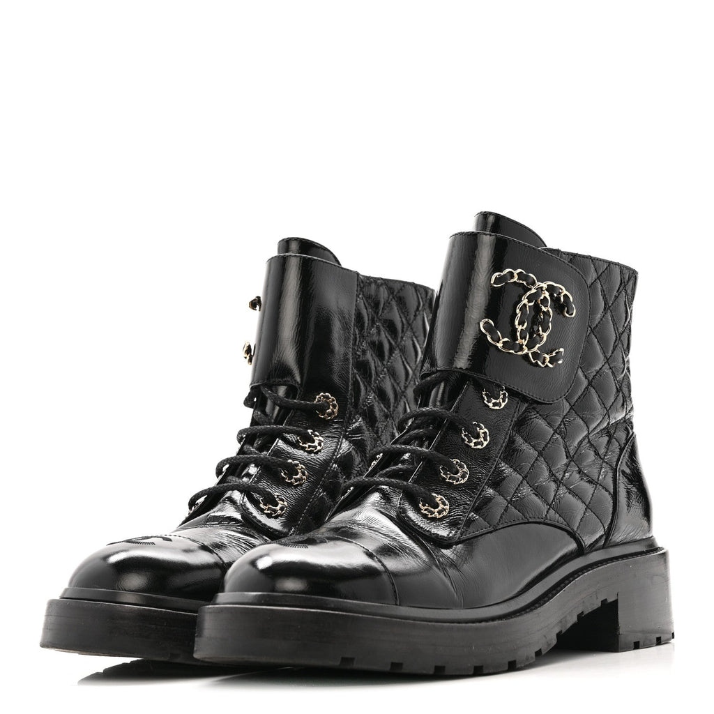 Chanel Shiny Calfskin Quilted Lace Up Combat Boots 39 Black