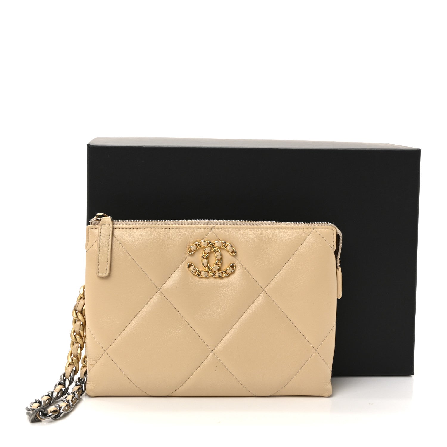 Chanel Shiny Goatskin Quilted Chanel 19 Small Pouch With Handle Beige