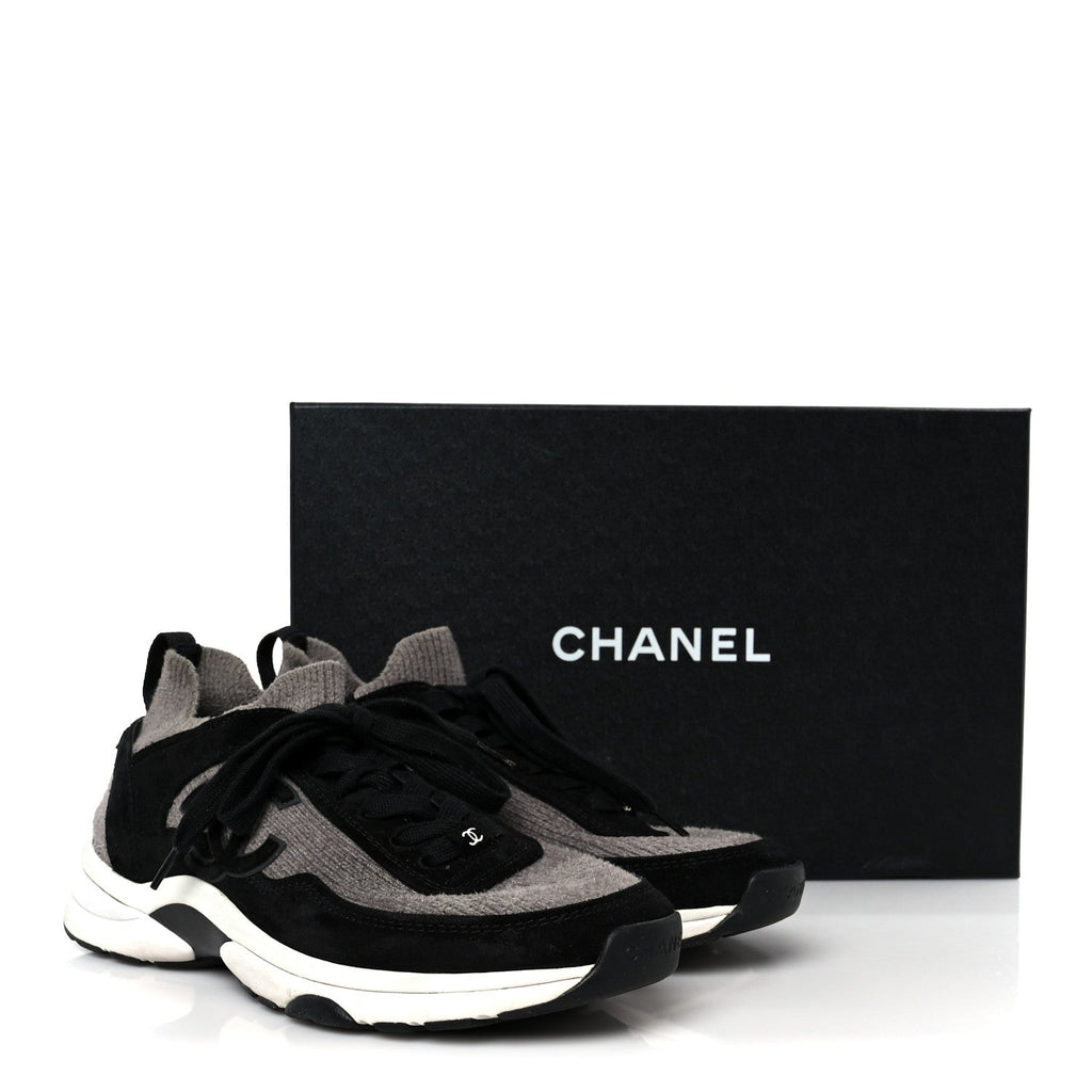 Fabric Suede Calfskin CC Sneakers 38 Gray Black
