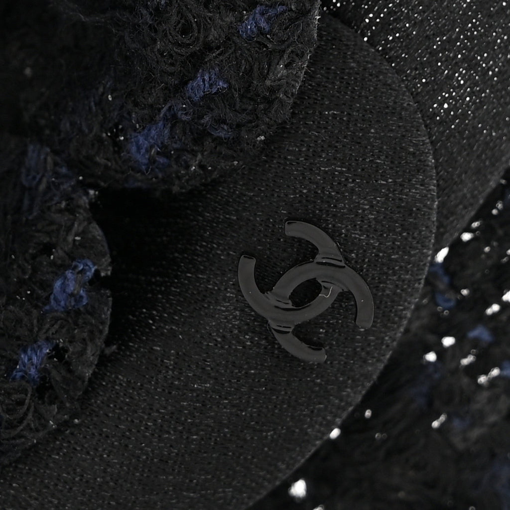 Chanel Tweed Fabric Camellia Pin Brooch Navy Blue Black