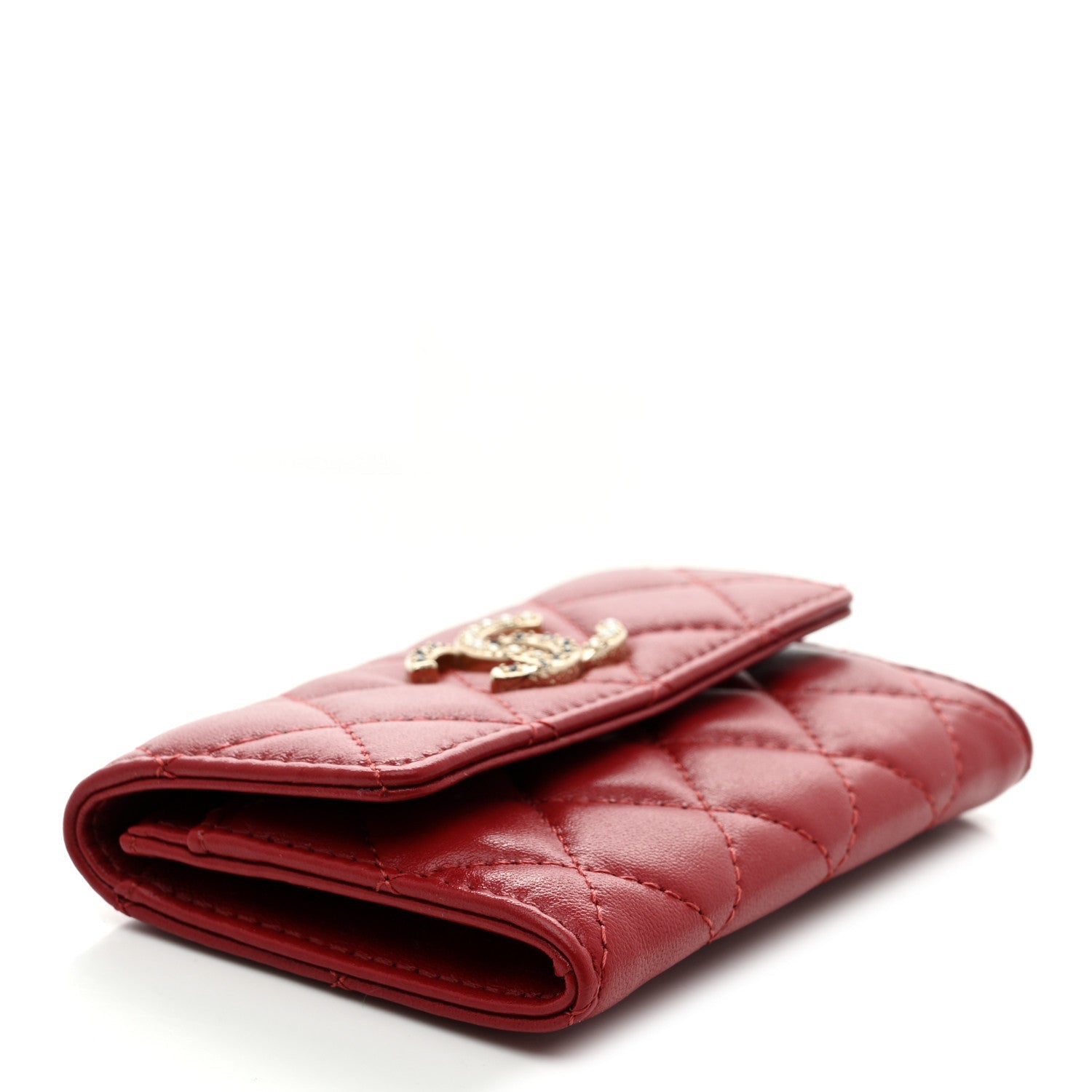Lambskin Pearl Enamel Quilted Flap Card Holder Red