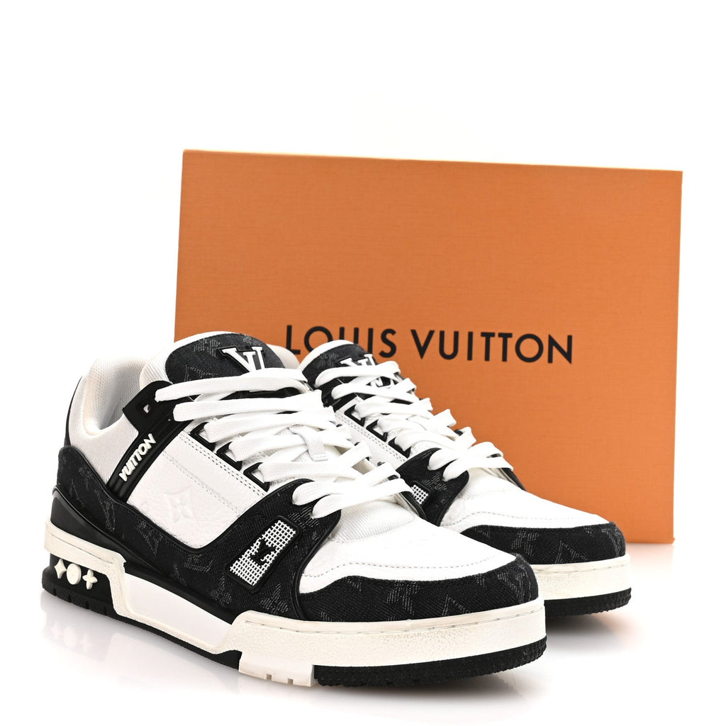 Louis Vuitton Calfskin Monogram Denim Mens LV Trainer Sneakers 8.5 Black