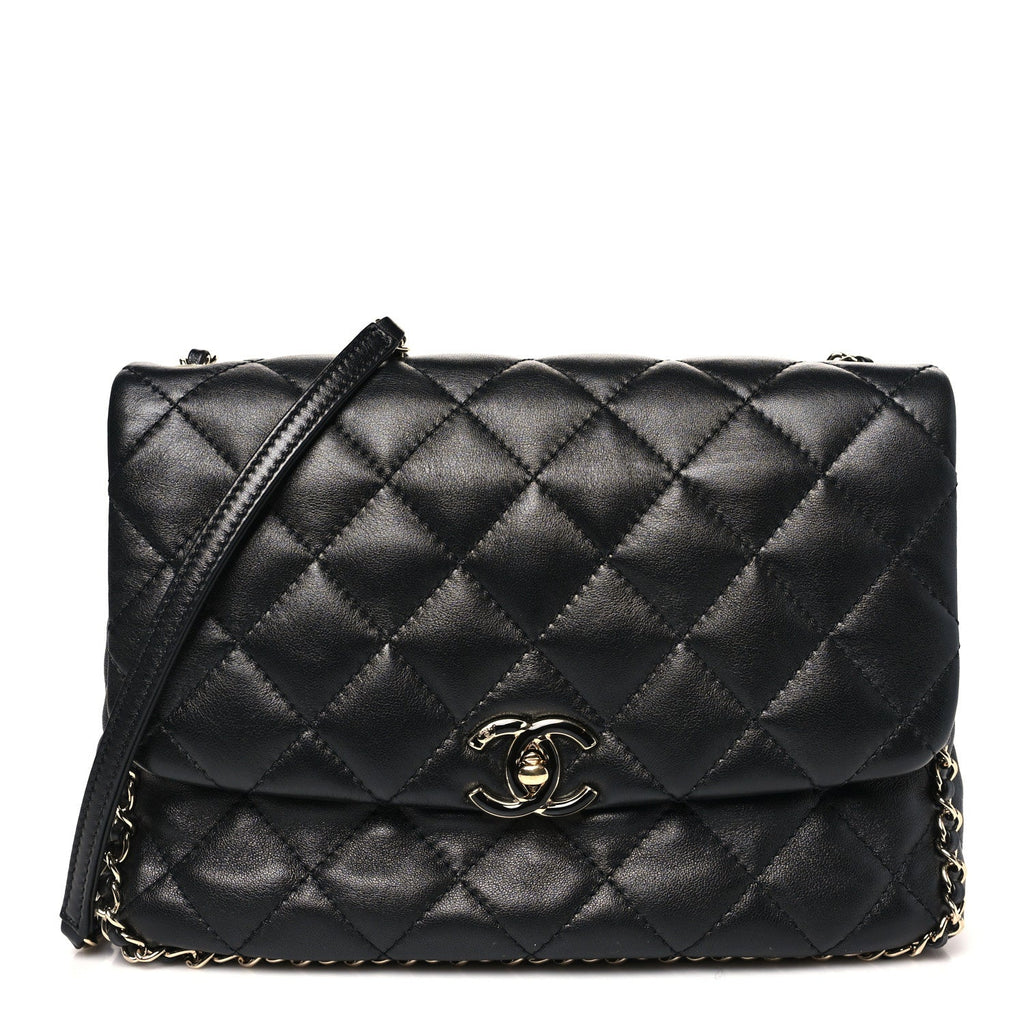 Chanel Lambskin Quilted Enamel CC Chain Frame Flap Black