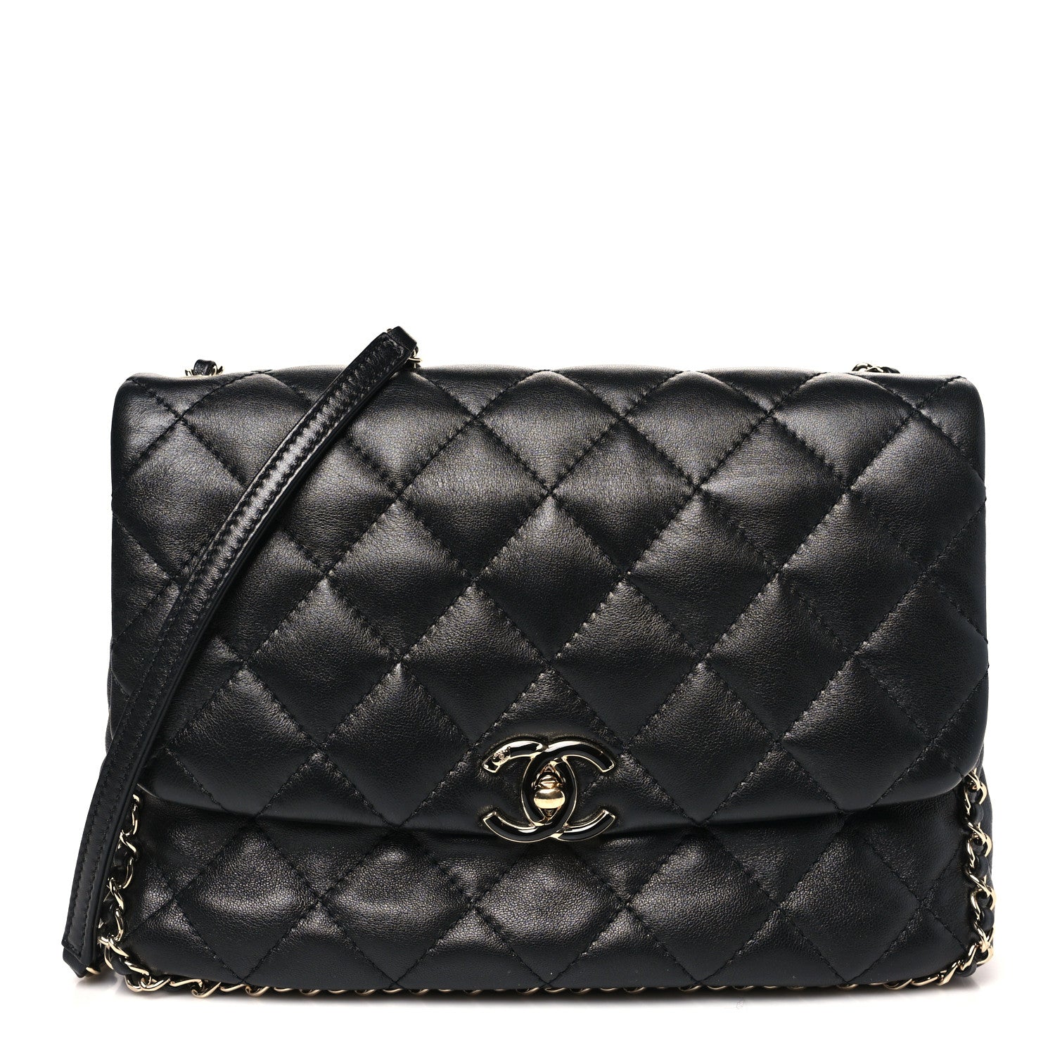 Chanel Lambskin Quilted Enamel CC Chain Frame Flap Black